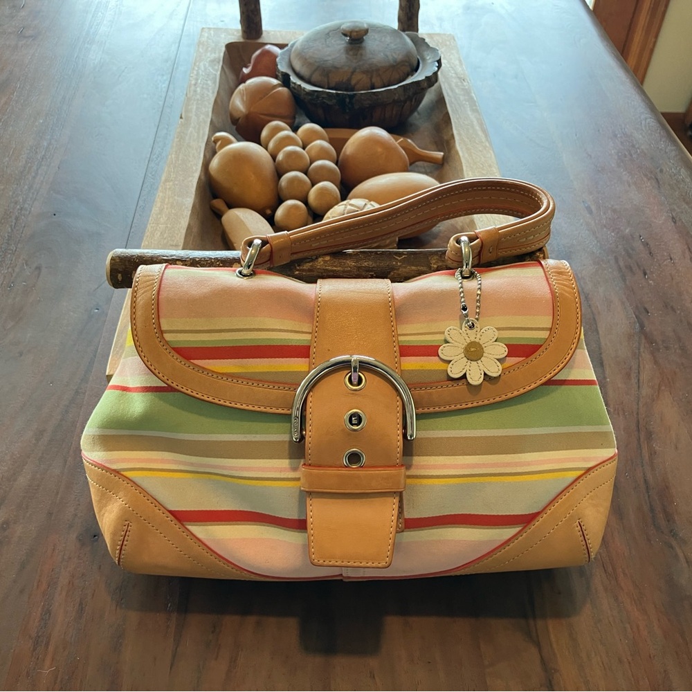 Coach vintage soho Striped Canvas Shoulder Bag with Tan Leather